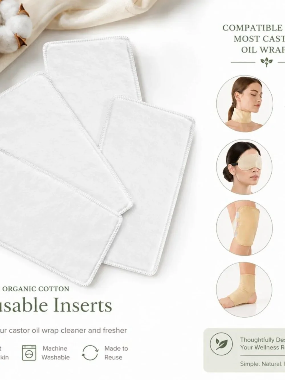 4 Pack Small Organic Cotton Flannel Inserts for Castor Oil Pack Wrap, Reusable W